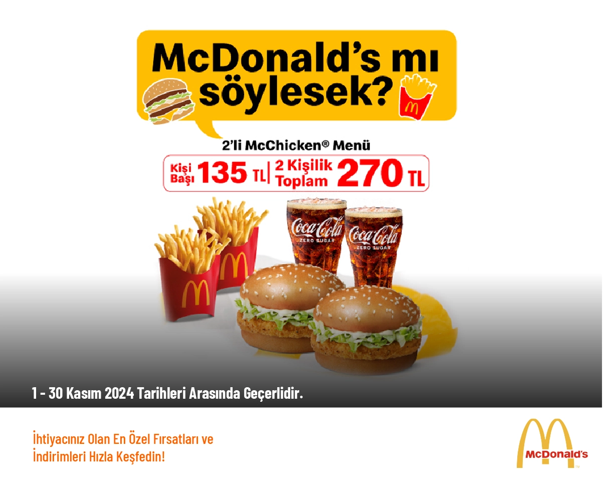 Mc Donalds İndirimi - 2’li McChicken Menü 270 TL'den Başlayan Fiyatlarla