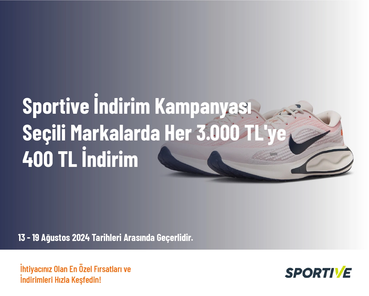 Sportive İndirim Kampanyası - Seçili Markalarda Her 3.000 TL'ye 400 TL İndirim