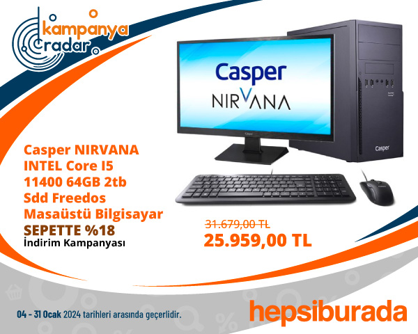 Hepsiburada Casper NIRVANA INTEL Core I5 11400 64GB 2tb Sdd  Masaüstü Bilgisayar