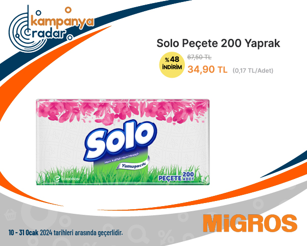 Migros Solo Peçete 200 Yaprak İndirimi