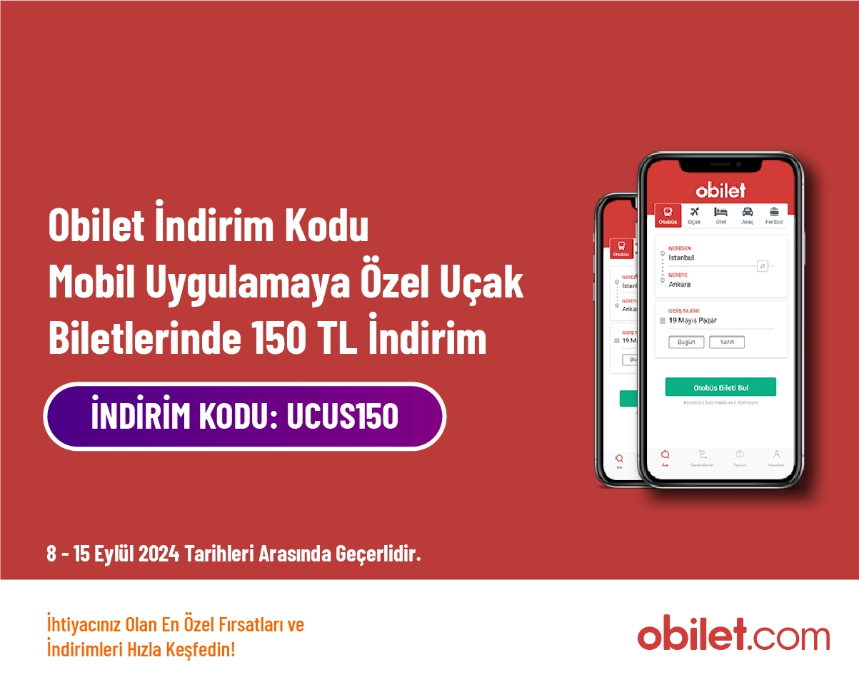 Obilet İndirim Kodu - Mobil Uygulamaya Özel Uçak Biletlerinde 150 TL İndirim