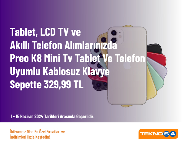 Tablet, LCD TV ve Akıllı Telefon Alımlarınızda Preo K8 Mini Tv Tablet Ve Telefon Uyumlu Kablosuz Klavye Sepette 329,99 TL
