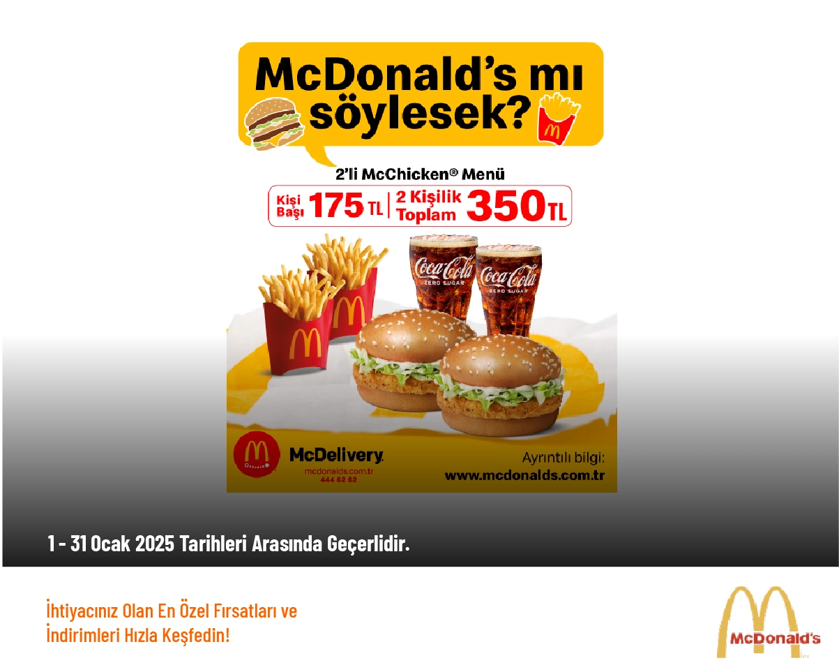 McDonalds İndirimi - 2’li McChicken Menü Kişi Başı Sadece 175 TL