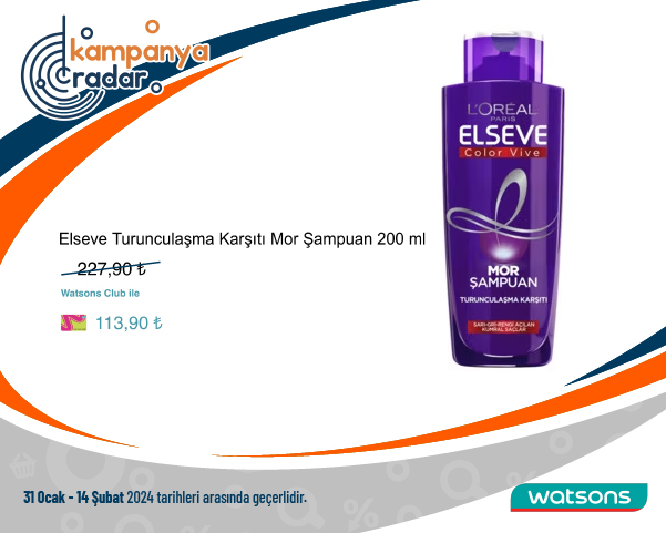 Watsons Elseve Turunculaşma Karşıtı Mor Şampuan 200 ml Watsons Elseve Turunculaşma Karşıtı Mor Şampuan 200 ml
