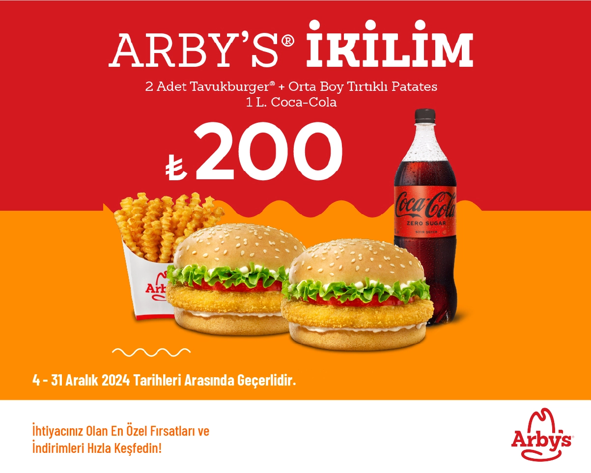 Arby's İndirimi - İkilim Menü 200 TL'den Başlayan Fiyatlarla