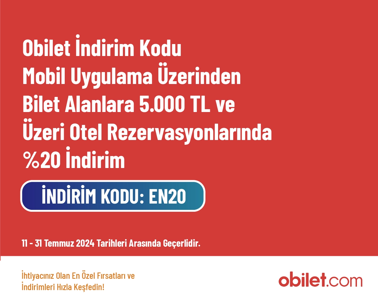 Obilet İndirim Kodu - Mobil Uygulama Üzerinden Bilet Alanlara 5.000 TL ve Üzeri Otel Rezervasyonlarında %20 İndirim