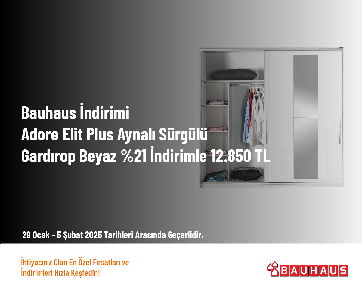 Bauhaus İndirimi - Adore Elit Plus Aynalı Sürgülü Gardırop Beyaz %21 İndirimle 12.850 TL