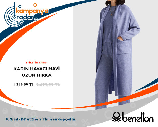 BENETTON KADIN HAVACI MAVİ UZUN HIRKA ETİKETİN YARISI