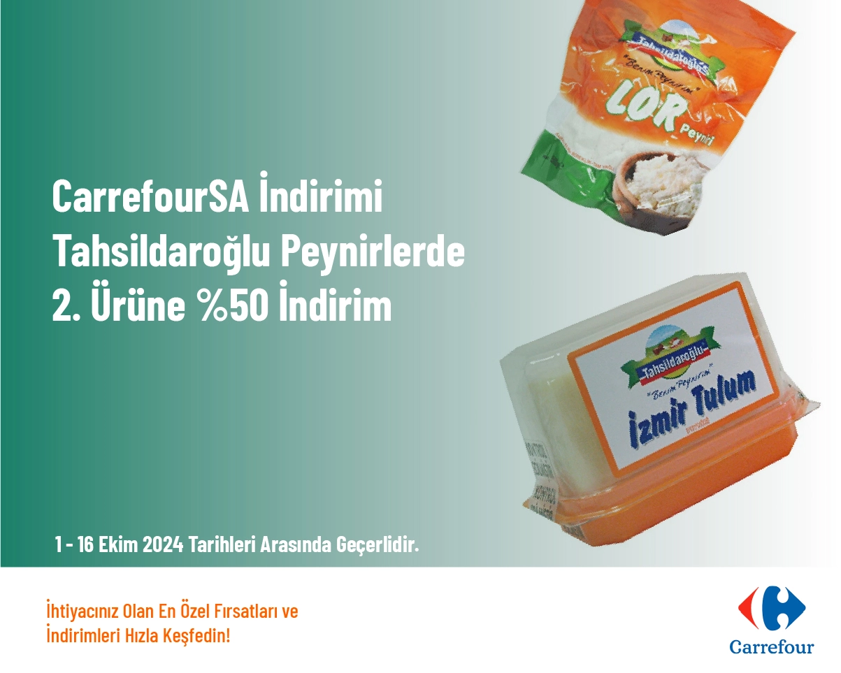 CarrefourSA İndirimi - Tahsildaroğlu Peynirlerde 2. Ürüne %50 İndirim