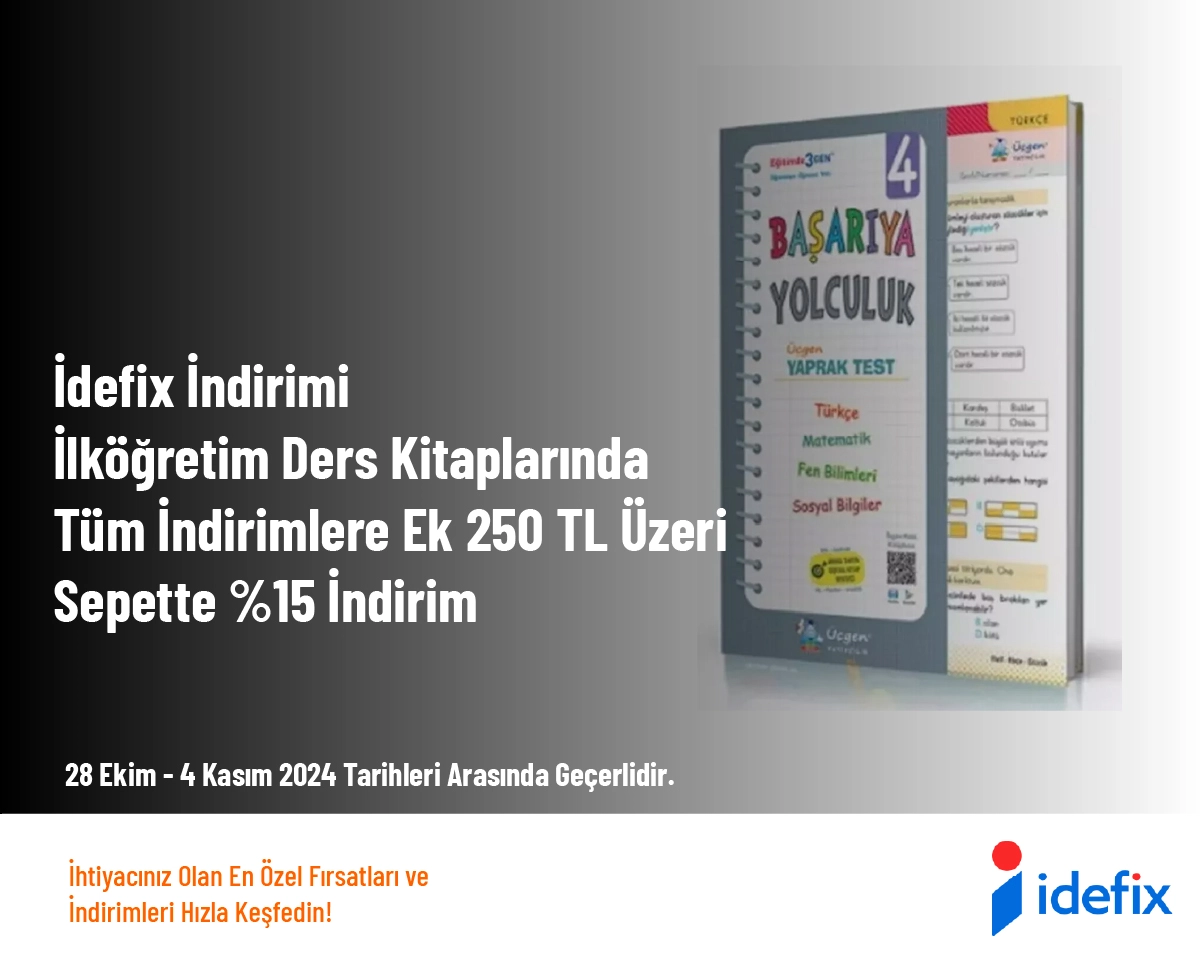 İdefix İndirimi - İlköğretim Ders Kitaplarında Tüm İndirimlere Ek 250 TL Üzeri Sepette %15 İndirim