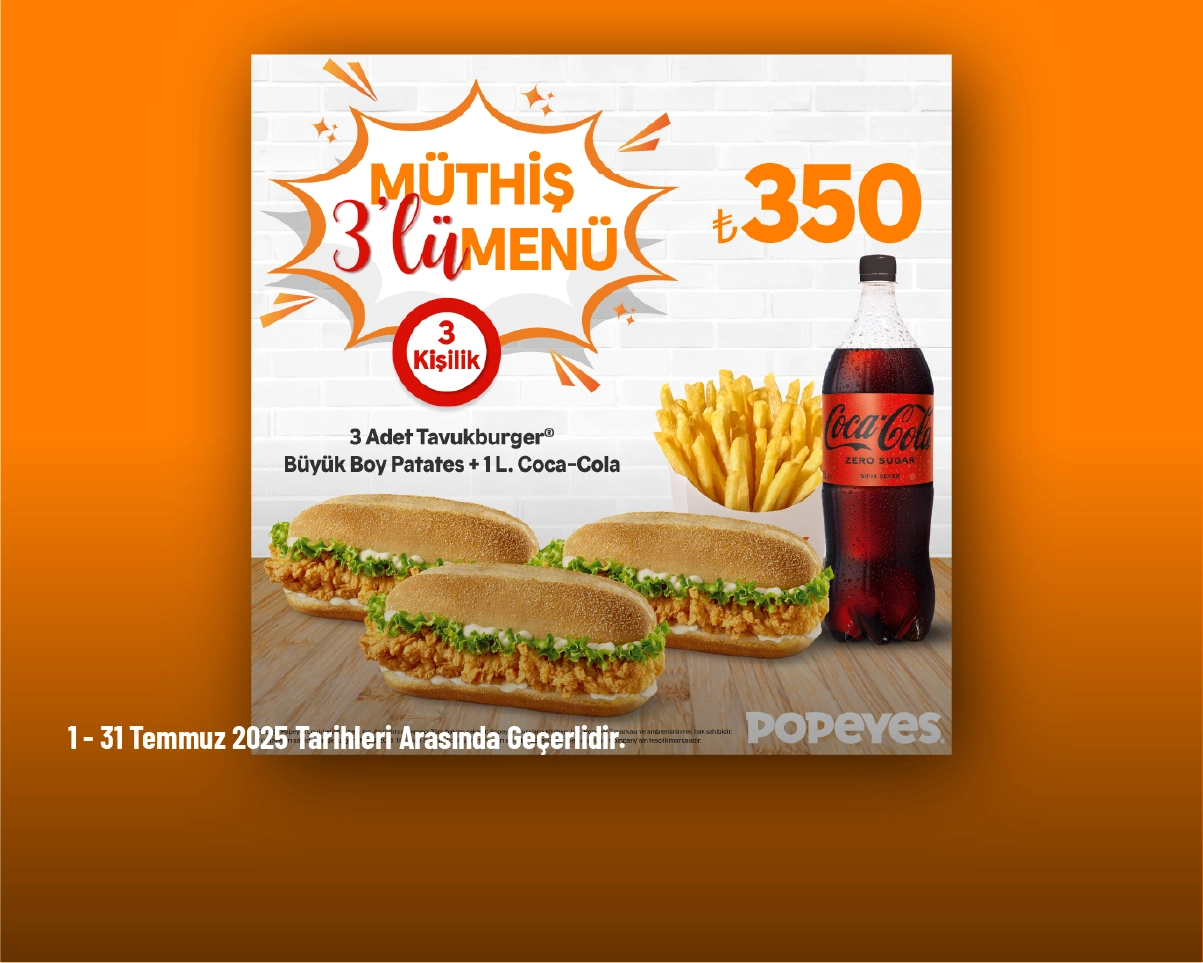 Popeyes Kampanyası - Müthiş 3’lü Menü Sadece 350 TL Popeyes Kampanyası - Müthiş 3’lü Menü Sadece 350 TL
