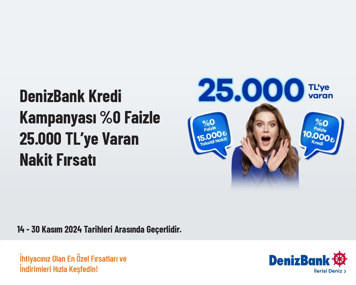 DenizBank Kredi Kampanyası - %0 Faizle 25.000 TL’ye Varan Nakit Fırsatı