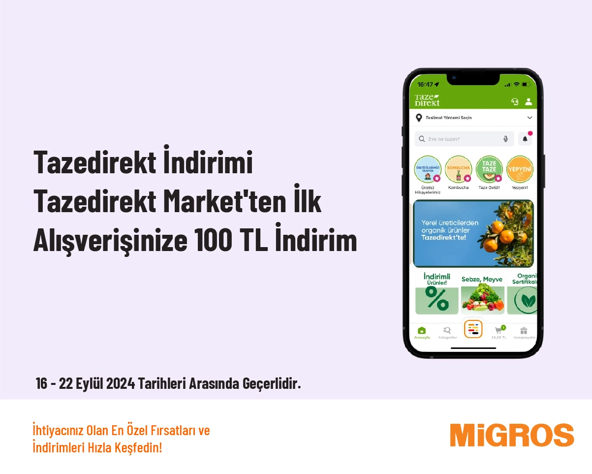 Tazedirekt İndirimi - Tazedirekt Market'ten İlk Alışverişinize 100 TL İndirim