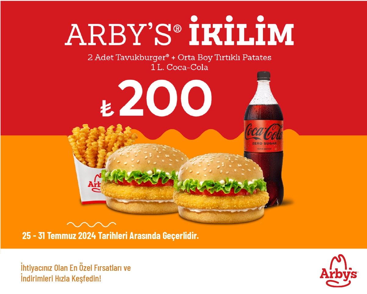 Arby's İndirimi - İkili Tavuk Burger Menü Sadece 200 TL