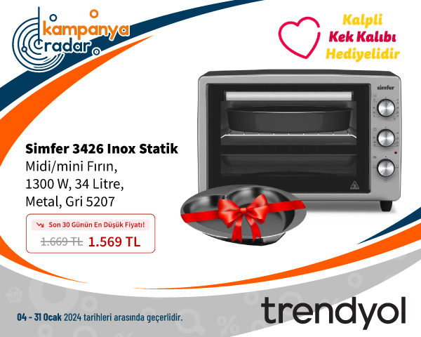Trendyol Simfer 3426 Inox Statik Midi/mini Fırın, 1300 W, 34 Litre, Metal, Gri