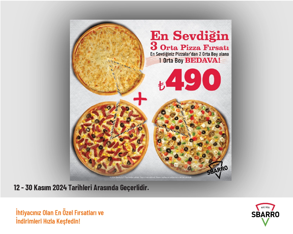 Sbarro Kampanyası - 3 Adet Orta Boy Pizza 490 TL'den Başlayan Fiyatlarla