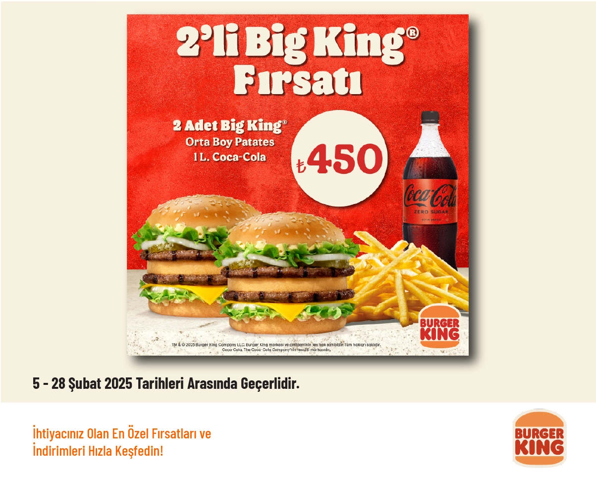 Burger King İndirimi - 2'li Big King Menü Sadece 450 TL