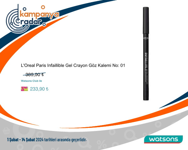 Watsons L'Oreal Paris Infaillible Gel Crayon Göz Kalemi No:01 Watsons L'Oreal Paris Infaillible Gel Crayon Göz Kalemi No:01