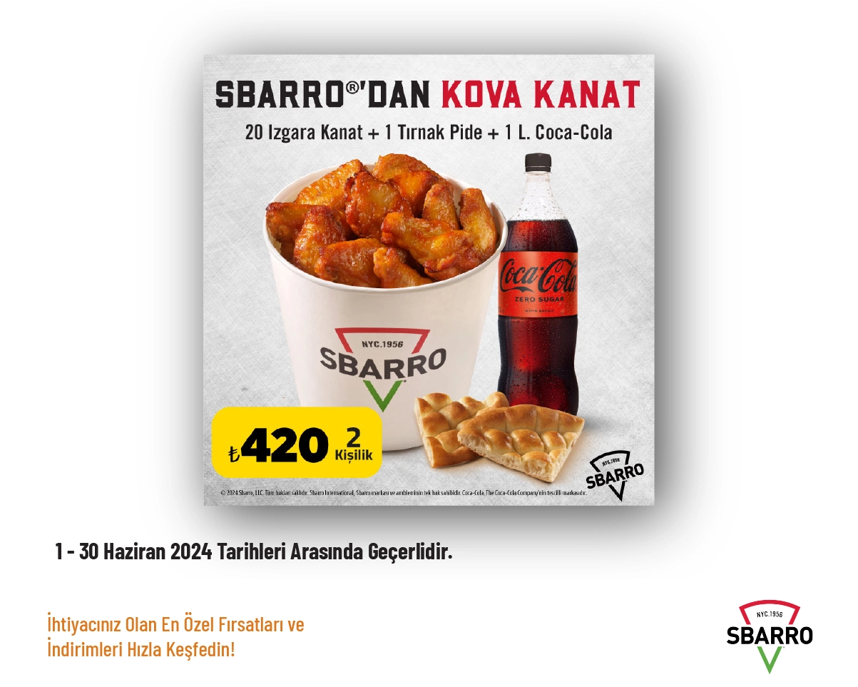 Sbarro Kampanyası - 2 Kişilik 20'li Kanat Kova Menü 400 TL'den Başlayan Fiyatlarla