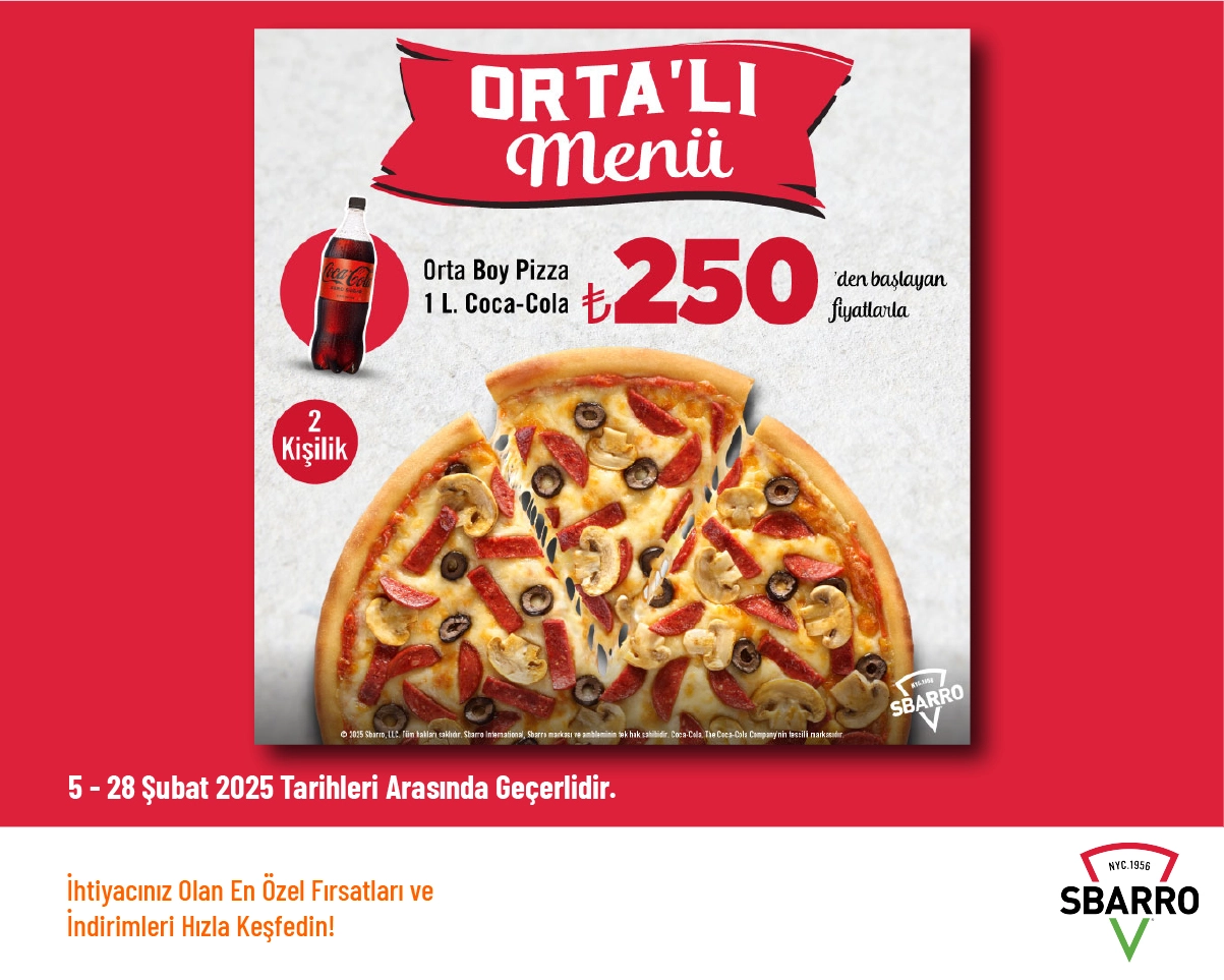 Sbarro İndirimi - Orta’lı Menü 250 TL'den Başlayan Fiyatlarla