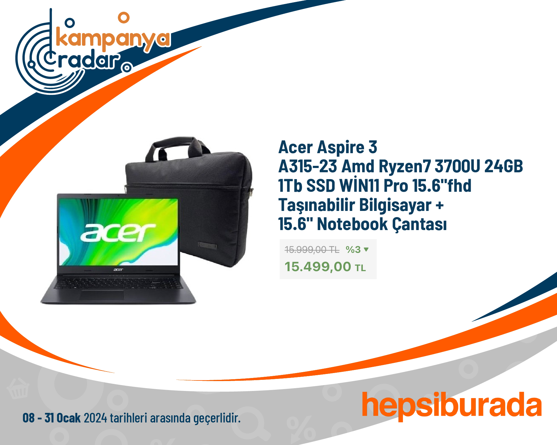 Acer Aspire 3 A315-23 Amd Ryzen7 3700U 24GB 1tb Sdd aşınabilir Bilgisayar + 15.6 Notebook Çantası